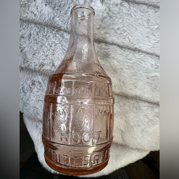 Vintage Pink Glass Dr. Chandler’s Jamaica Ginger Root Bitters Barrel Bottle 8” - Picture 5 of 8